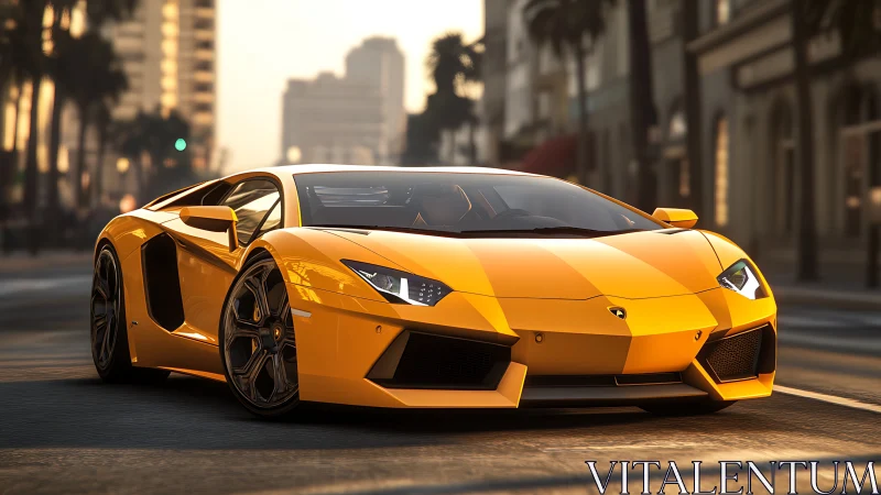 Yellow supercar idles on sunlit city street at golden hour