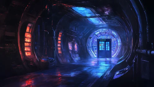 Lone blue police box glows at the end of a neon space tunnel