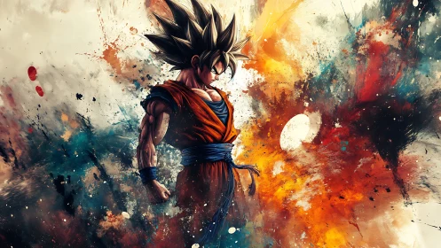 Powerful anime warrior stands amid explosive painted energy