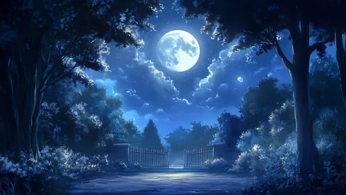 Moonlit garden gate opening onto a softly glowing night.