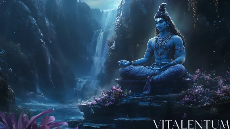 Moonlit blue yogi above whispering waterfalls in bloom.