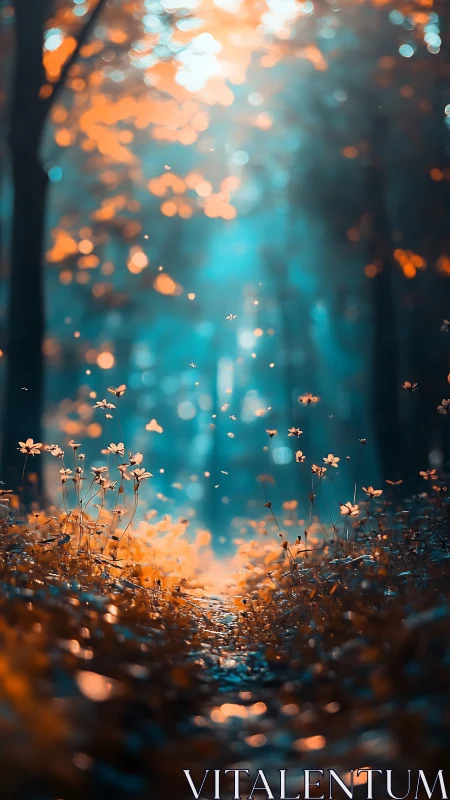 Glowing forest path captures luminous flowers and drifting light