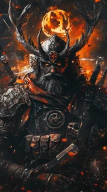 Armored antlered warlord stands amid infernal ember storm