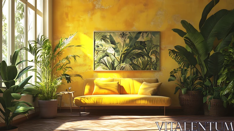 Sunlit yellow sofa anchors lush tropical living room oasis.