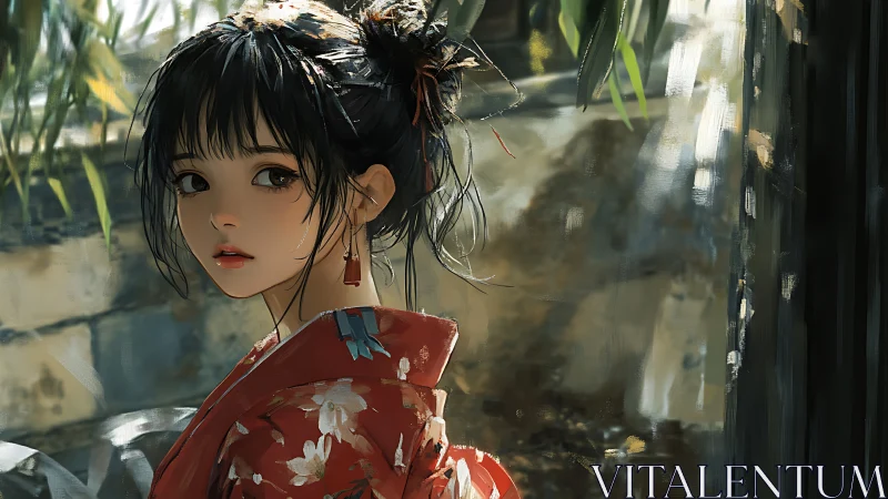 Young woman in red floral kimono in shaded garden setting.