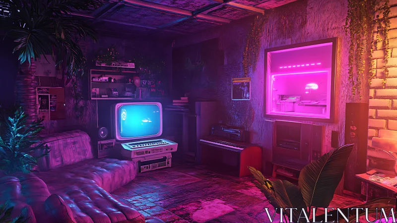 Retro-futuristic living room with neon lighting and plants.