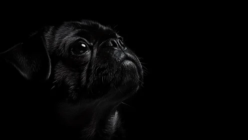 Black pug portrait uses low key lighting and side profile