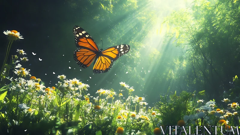 Monarch butterfly in sunlit wildflower meadow, realistic digital art.