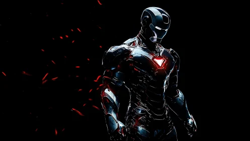 Futuristic armored cyborg in chrome exosuit with red core glow.