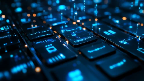 Neon keyboard interface channels pulsing digital data stream.