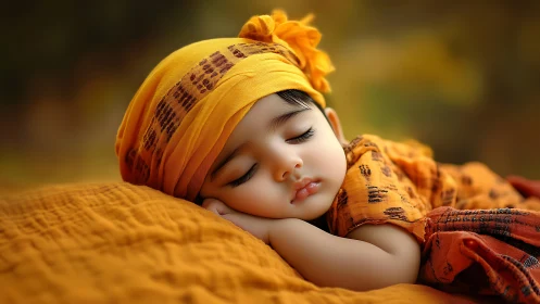 Peaceful baby dream wrapped in soft golden warmth.