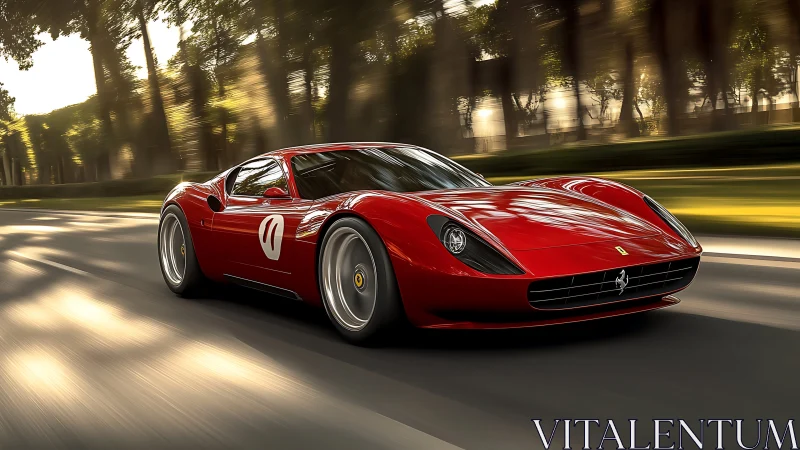 Red mid‑engine sports coupé on sunlit boulevard with motion blur