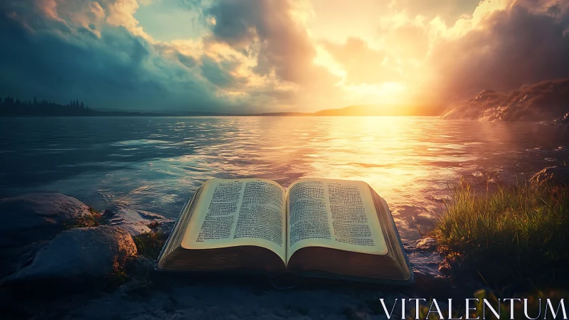 Sunlit storybook rests by a glowing, dreamlit shoreline.