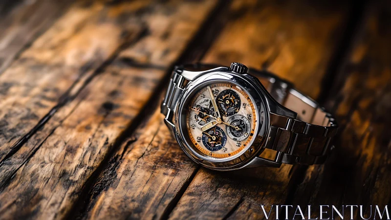 Skeleton chronograph luxury watch on rustic timber surface.