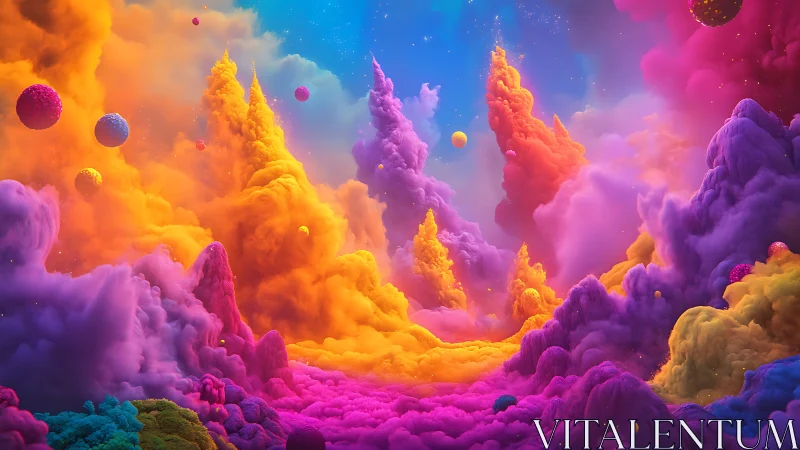 Digital painting of chromatic nebula spires in surreal cloudscape.