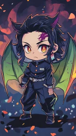 Small demon-winged hero stands ready in glowing night sky