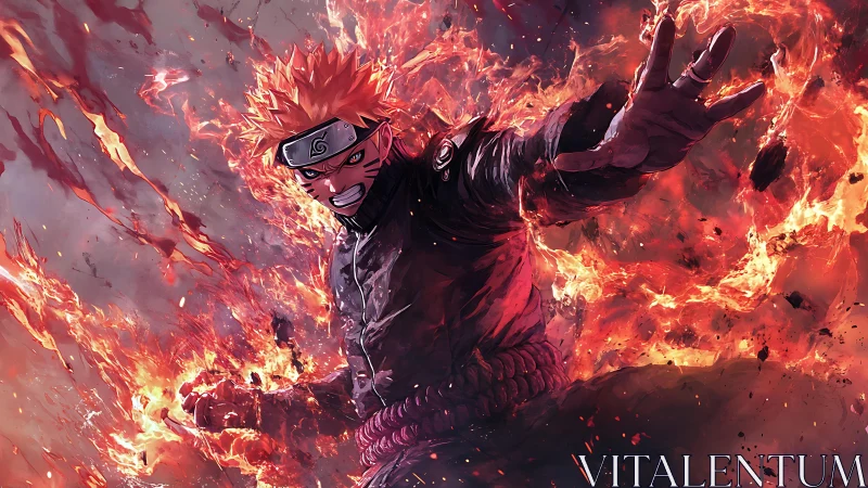 Fiery anime warrior unleashes energy within explosive flames.