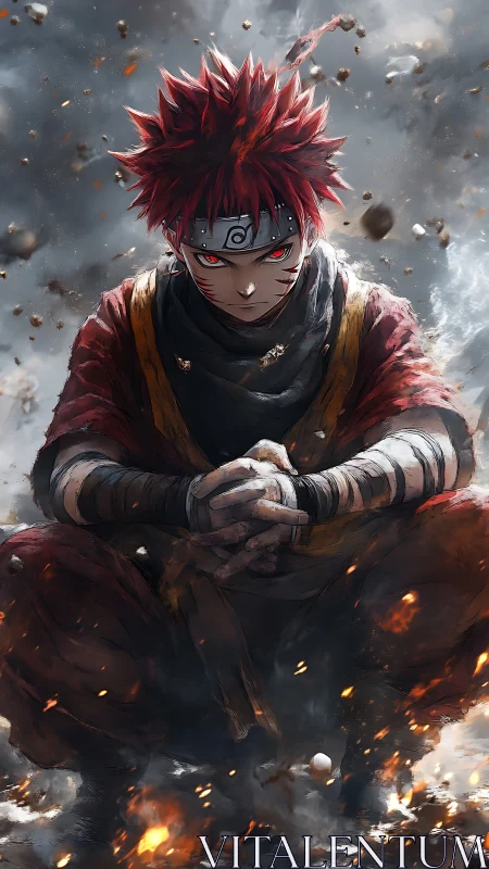 Red haired ninja character in seated pose amid debris.