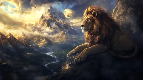 Lion rests on rocky ledge overlooking vast mountain valley