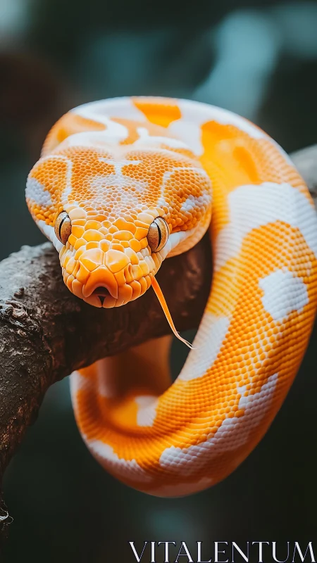 Bright orange and white python coiled alertly on branch.