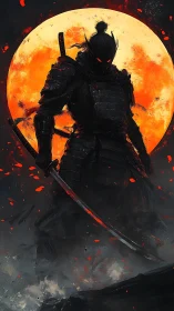 Shadow samurai silhouette before blazing molten moon.