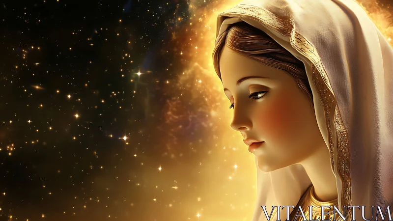Profile portrait of veiled woman rendered against star field