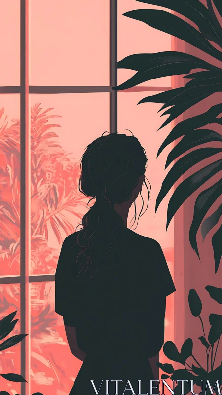 Silhouetted figure stands before window framed by foliage