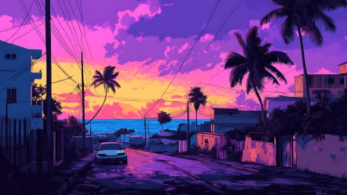 Sunset-soaked coastal street glowing in dreamy neon hues.