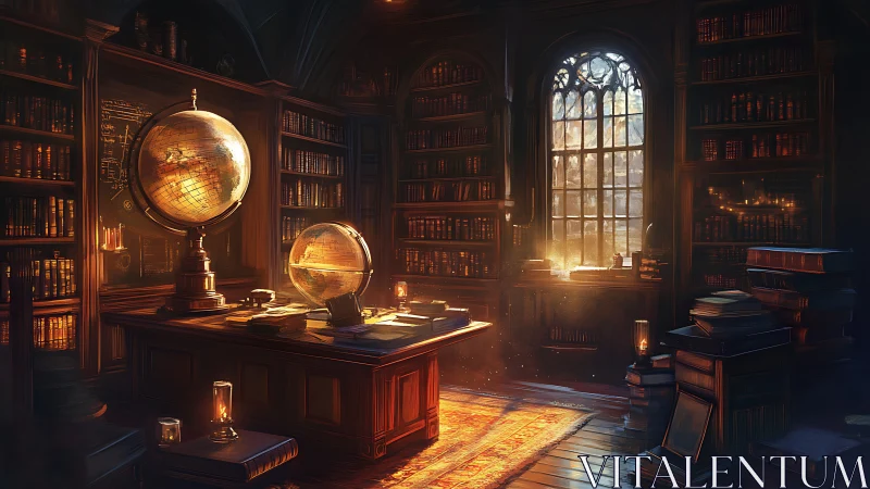 Sunlit wizard’s study of wandering globes and secret shelves.