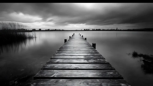 Monochrome lakeside pier under dramatic storm cloud ceiling.