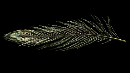 Single peacock feather on black background, lateral view.