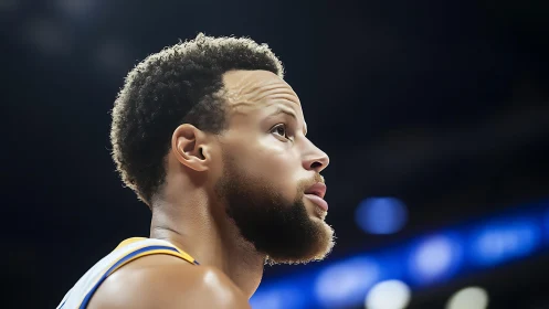 Side profile of basketball player during indoor game.