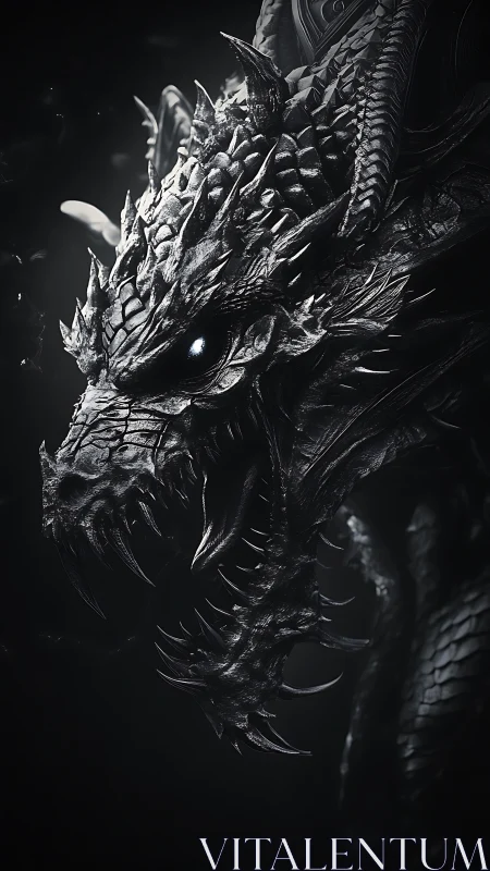 Monochrome dragon head rendered with sharp metallic detail