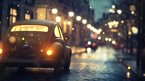 Rain-dusted vintage beetle hums through lantern-lit streets