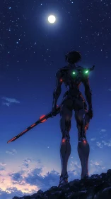 Cyborg warrior studies moonlit sky over twilight ridge