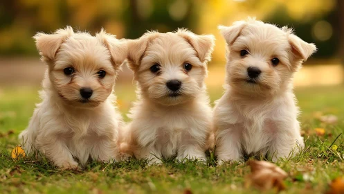 Three light-coated puppies sitting outdoors on grass lawn.