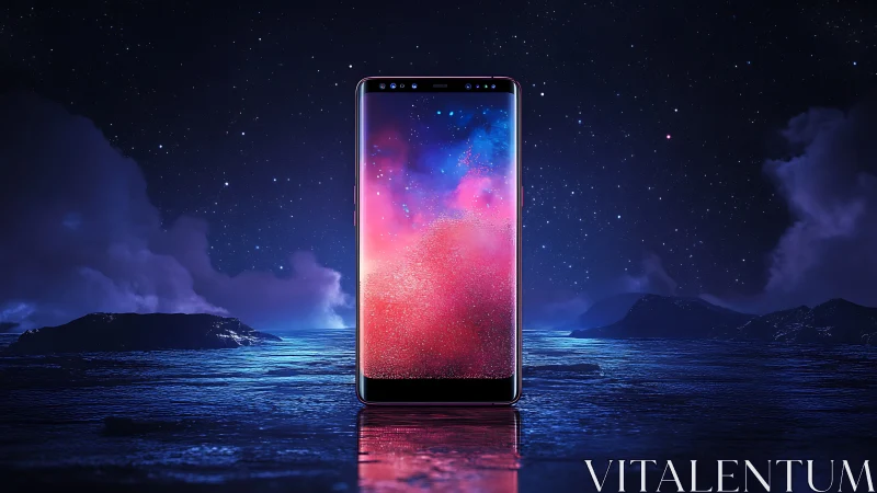 Smartphone Display with Photorealistic Gradient Particle Effects in Nocturnal Seascape Environment