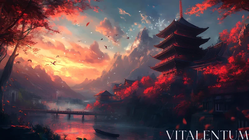 Sunset-illuminated pagoda valley with high-contrast atmospheric depth
