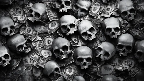 Skulls rest over crumpled banknotes in dense monochrome heap