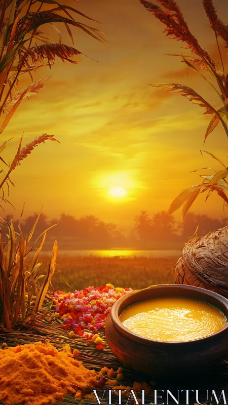 Sunlit harvest ritual tableau with turmeric and floral offerings
