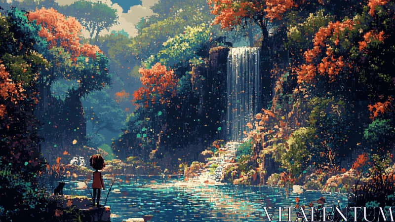 Pixelated forest waterfall scene with child and distant cat