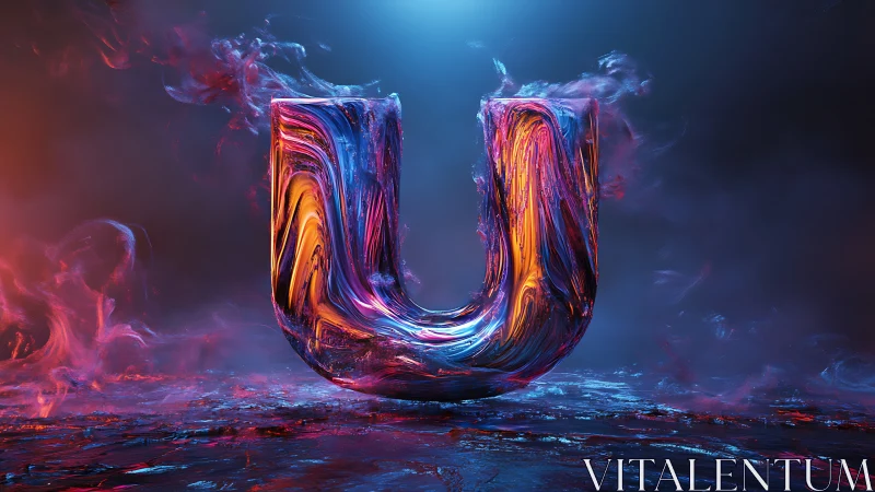 Molten chromatic letter U in volumetric neon vapor field