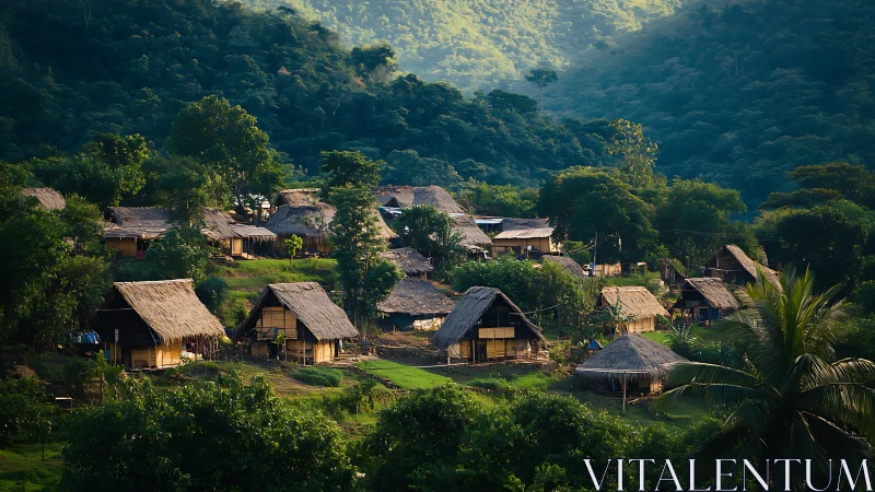 Sunlit hillside village nestles gently among lush green forest