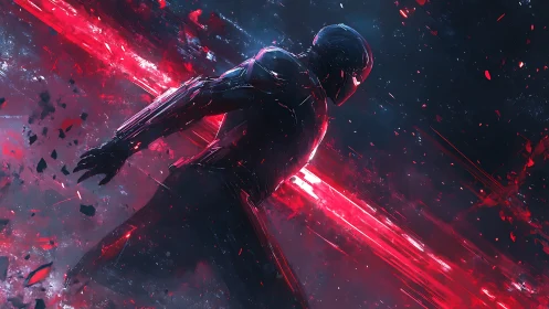 Armored humanoid figure crosses diagonal red light field