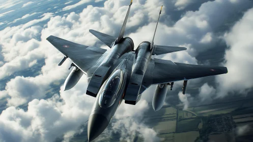 Modern twin‑engine fighter jet flying over dense clouds.