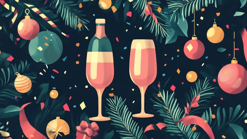 Stylized holiday drink still life with ornaments and foliage on dark