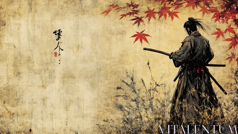 Samurai stands with katana under red maple foliage