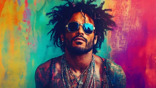 Portrait depicts tattooed man with sunglasses before gradient wall