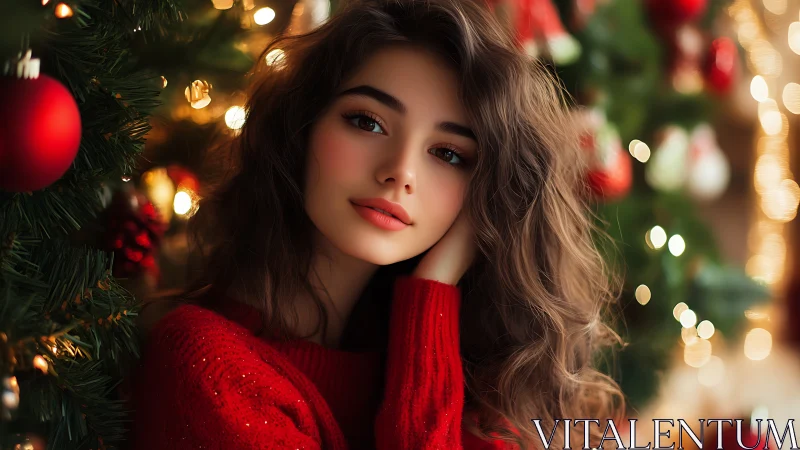 Young woman by Christmas tree in warm holiday lights.