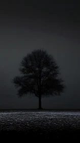Solitary winter tree forms stark nocturnal landscape silhouette